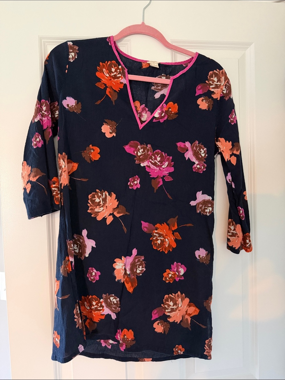 J. Crew Navy Floral V-Neck Tunic Top with Pink Trim